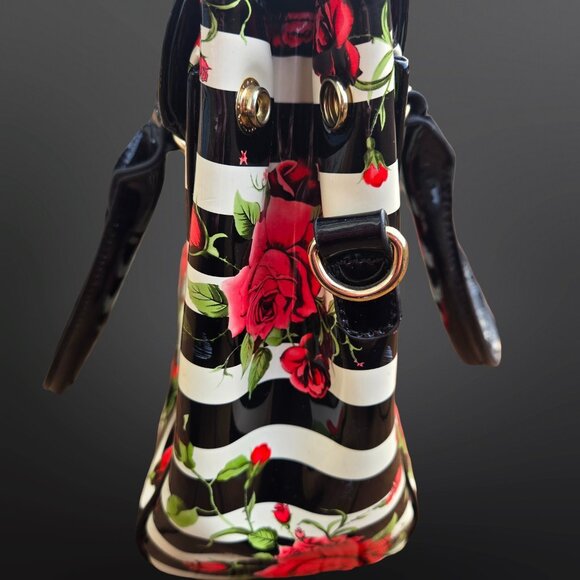 Y2K Glossy Top Handle Shoulder Bag Black White Striped Red Rose Floral Emo Goth - Picture 10 of 14